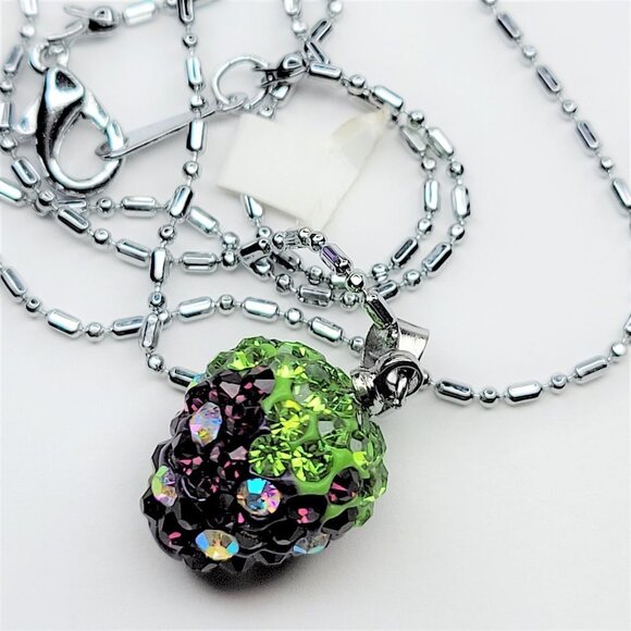 STRAWBERRY Shape Mini Lime Green and Purple Rhinestone Small Pendant Necklace - Picture 1 of 5